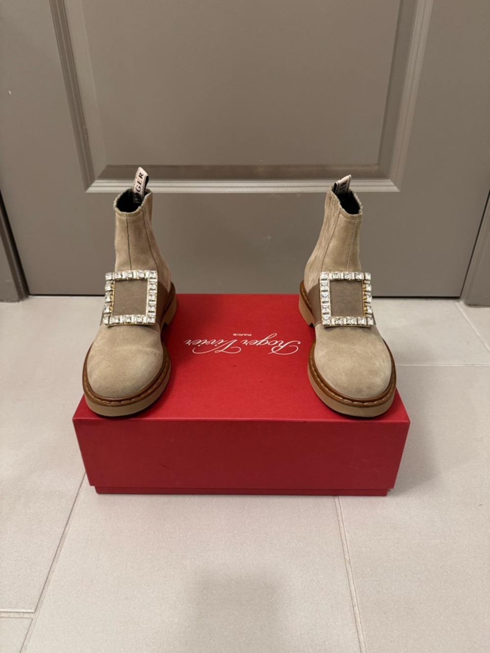 Roger Vivier Beige Suede Crystal-Buckle Chelsea Booties